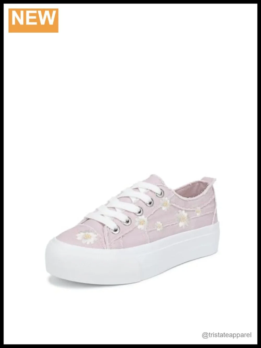 Low-Top Canvas Sneakers with Embroidered Daisy Flowers - Platform Sole, Lace-Up